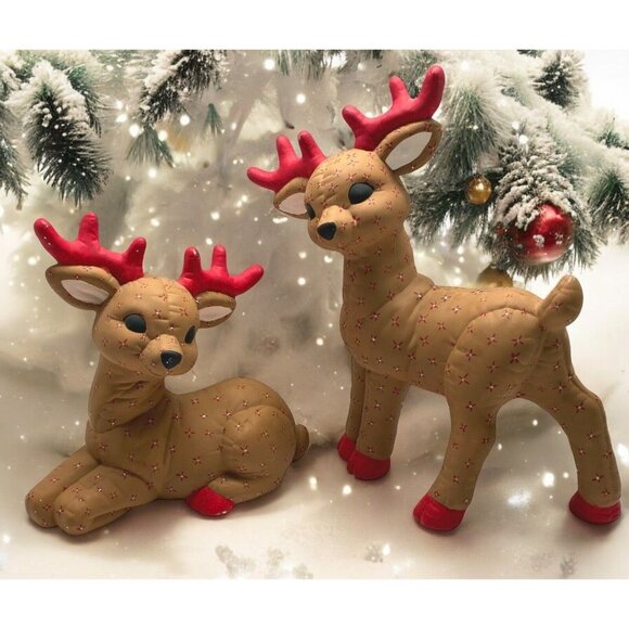 Vintage Kimple Mold Christmas Ceramic Reindeer Figurines Quilted Hand Painted - Picture 1 of 13